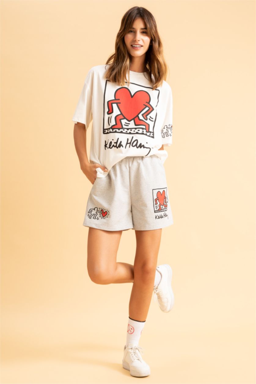 Kadın Gri Melanj Keith Haring Mini Şort