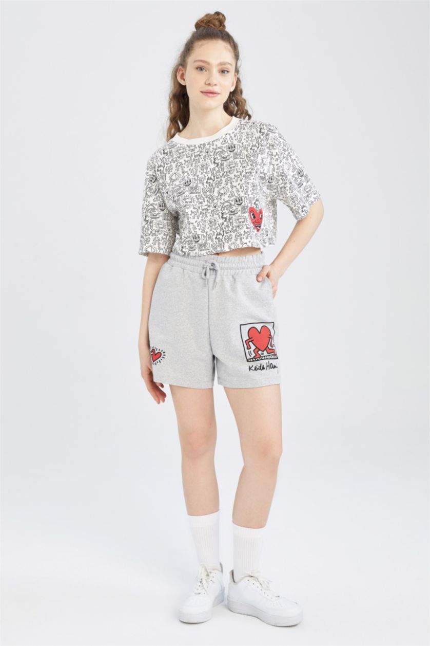 Kadın Gri Melanj Keith Haring Mini Şort