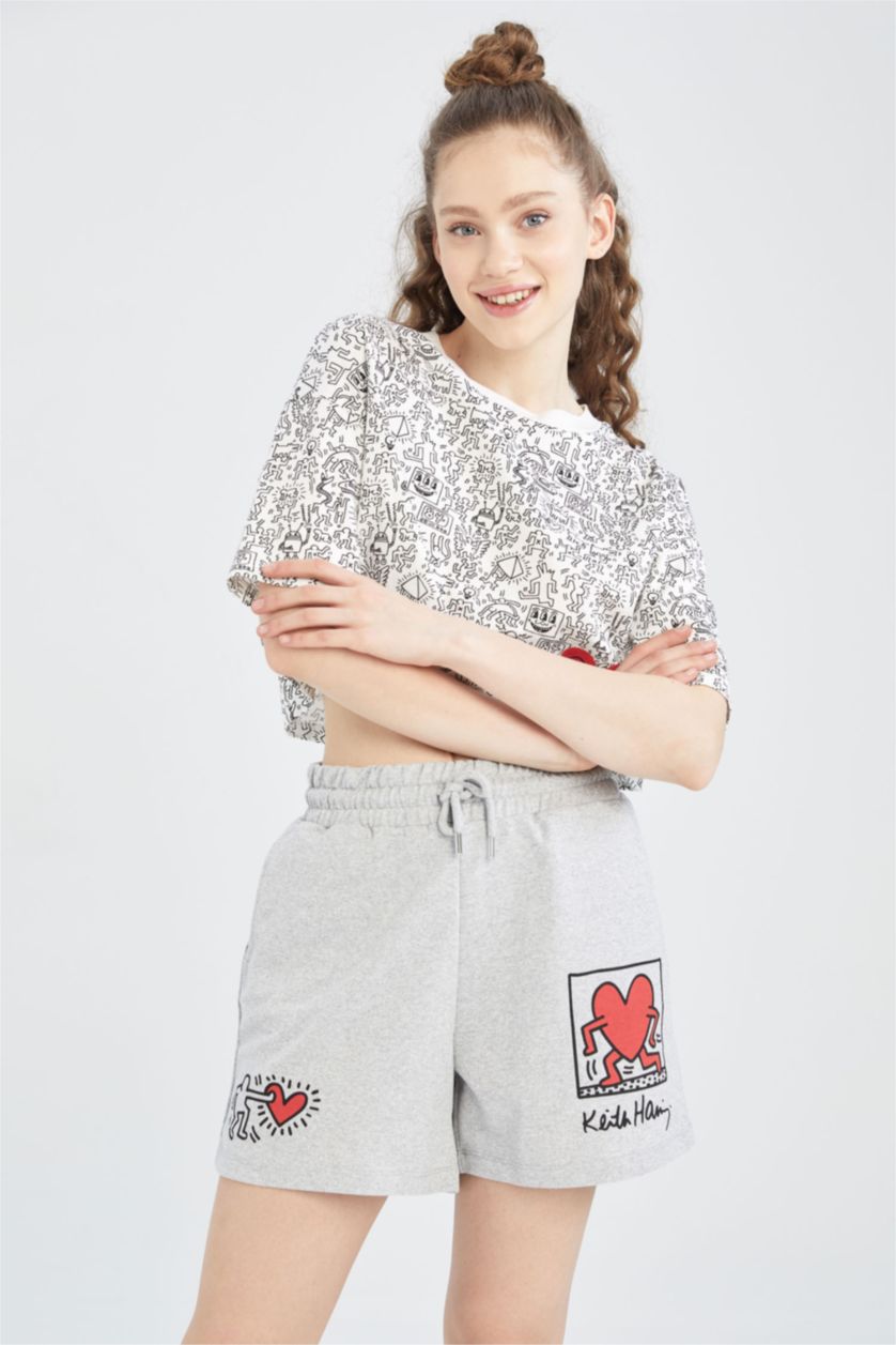 Kadın Gri Melanj Keith Haring Mini Şort