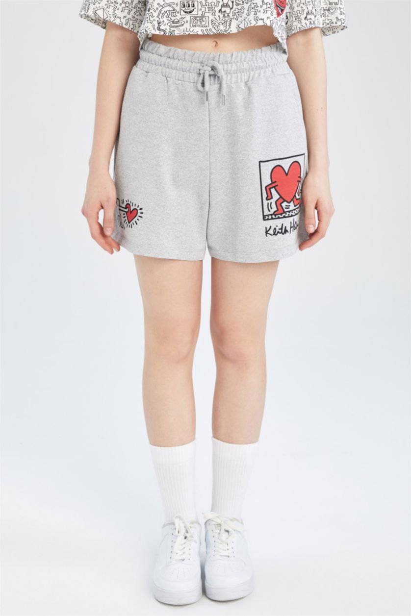 Kadın Gri Melanj Keith Haring Mini Şort
