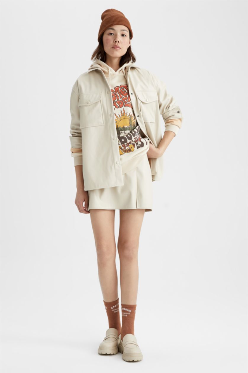 Woman Light Stone Faux Leather Mini Skirt