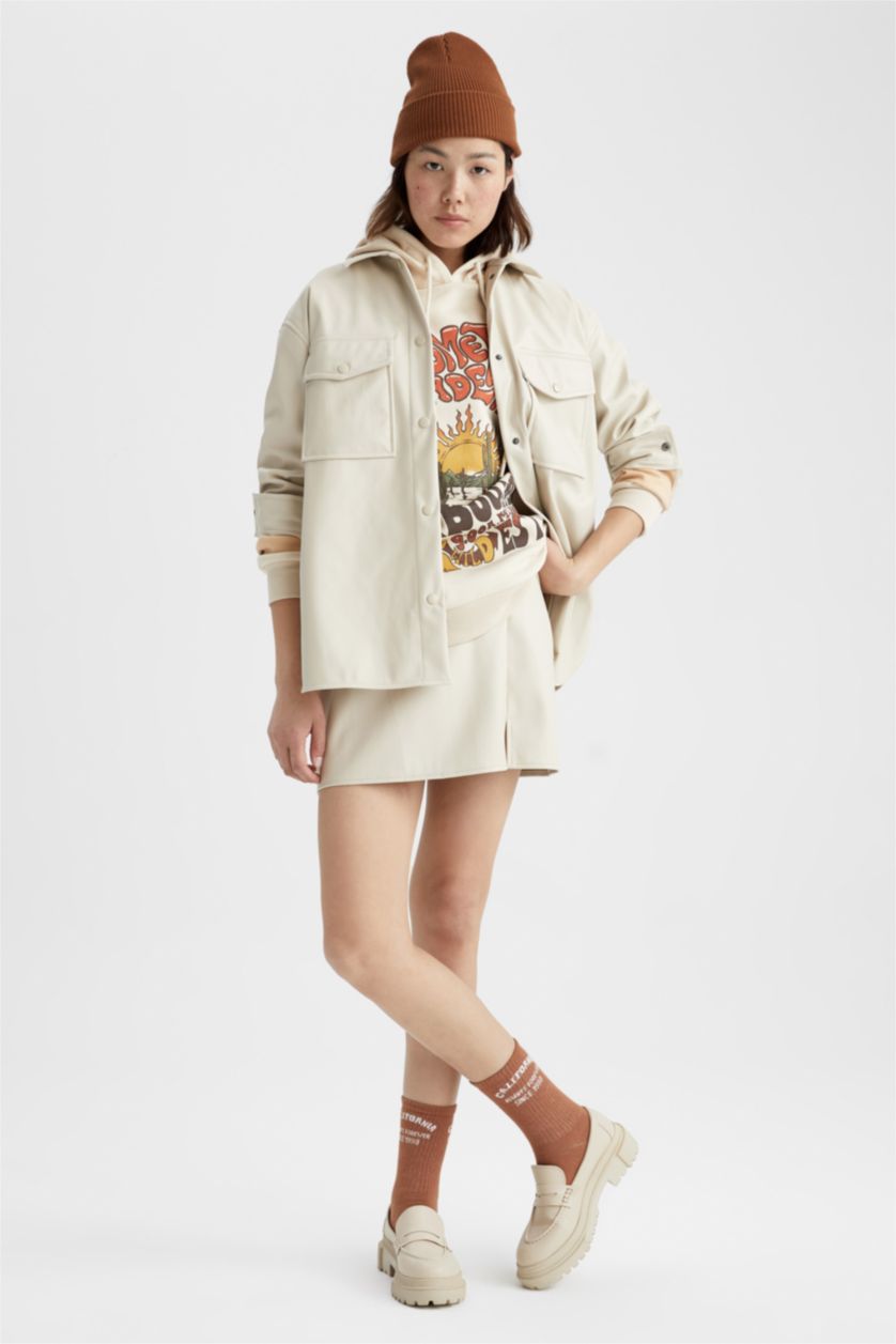 Woman Light Stone Faux Leather Mini Skirt