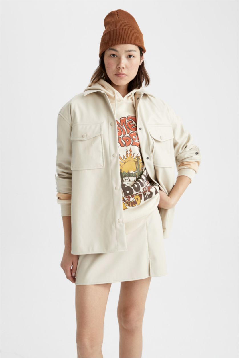 Woman Light Stone Faux Leather Mini Skirt