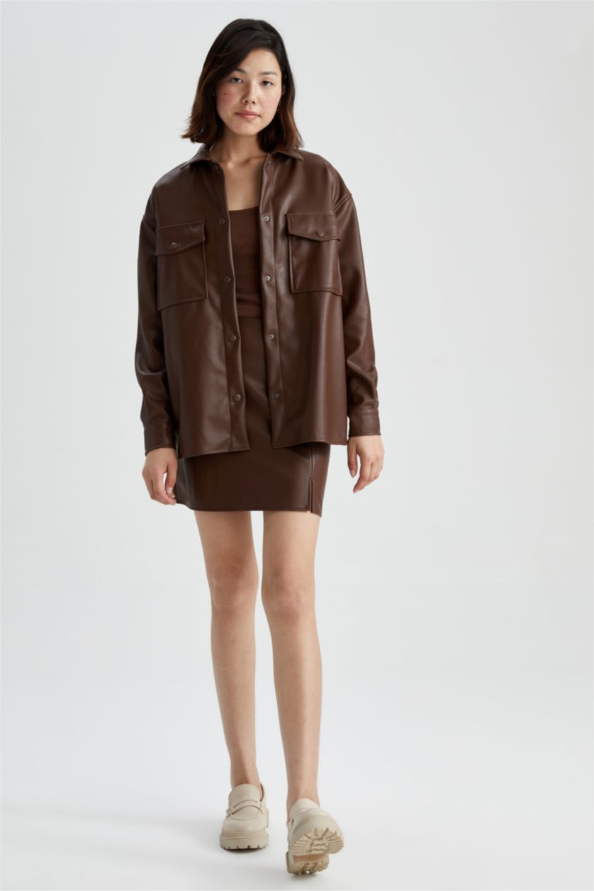 Woman Brown Faux Leather Mini Skirt