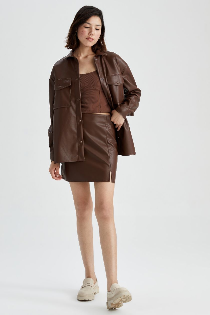 Woman Brown Faux Leather Mini Skirt