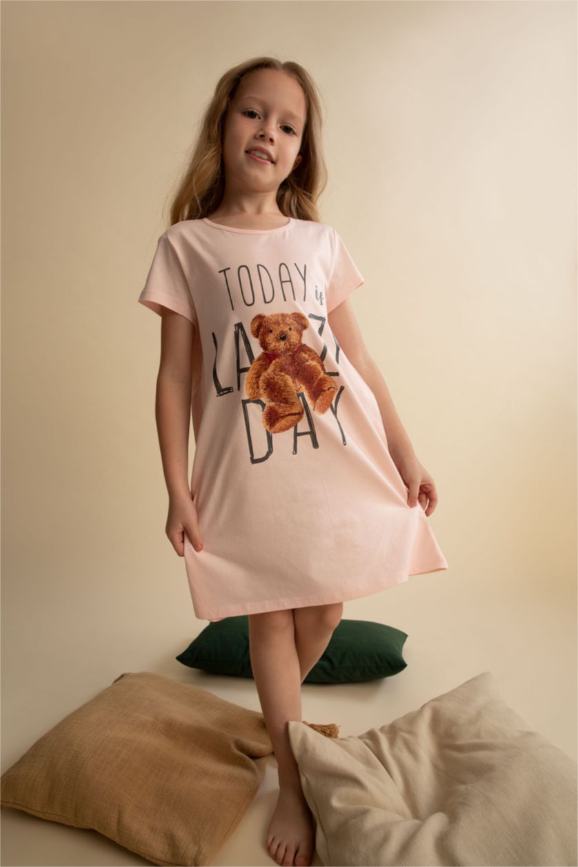 Girls & Teens Light Pink Girl Regular Fit Teddy Bear Printed Short Sleeve Cotton Nightgown
