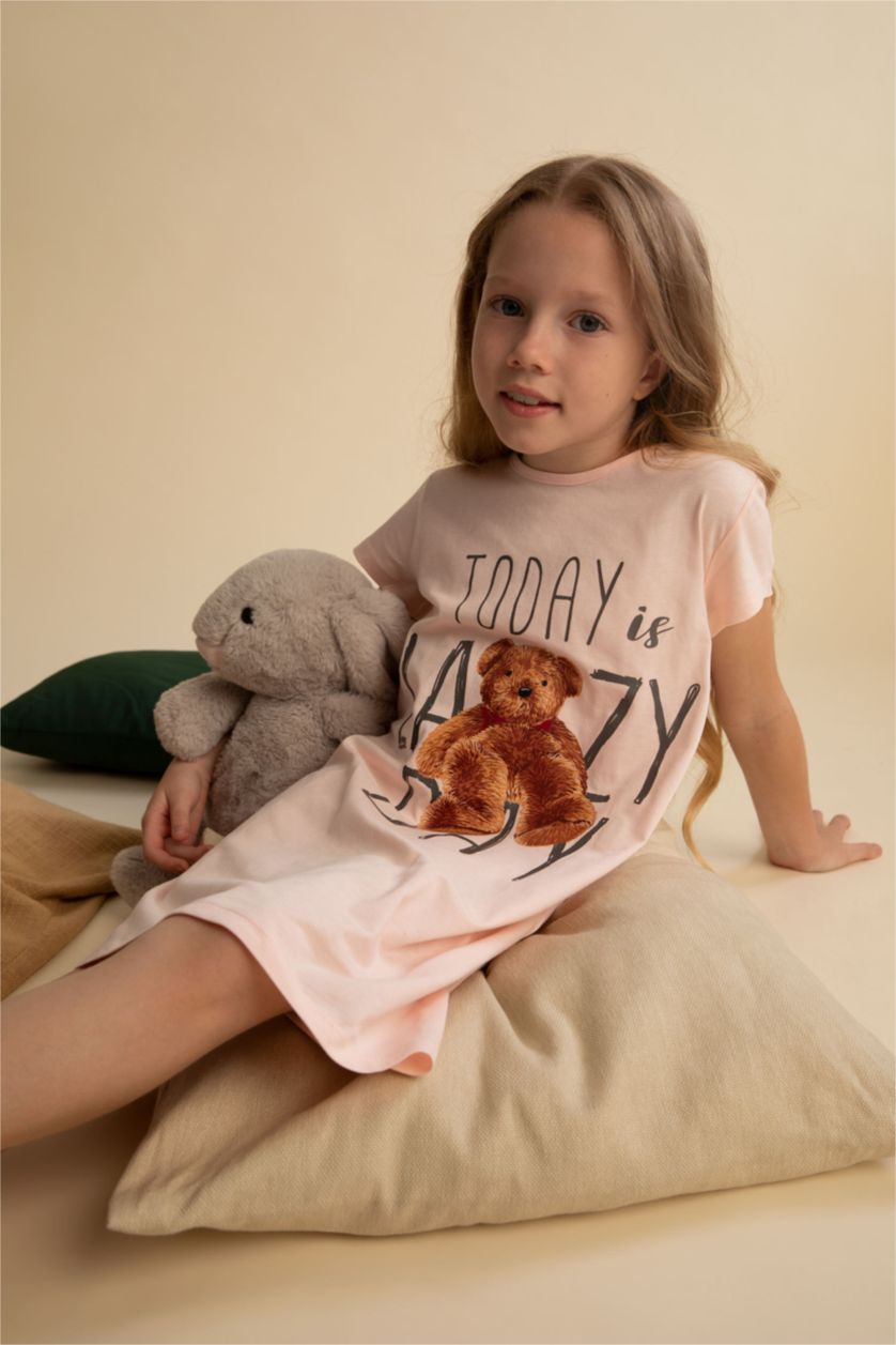 Girls & Teens Light Pink Girl Regular Fit Teddy Bear Printed Short Sleeve Cotton Nightgown