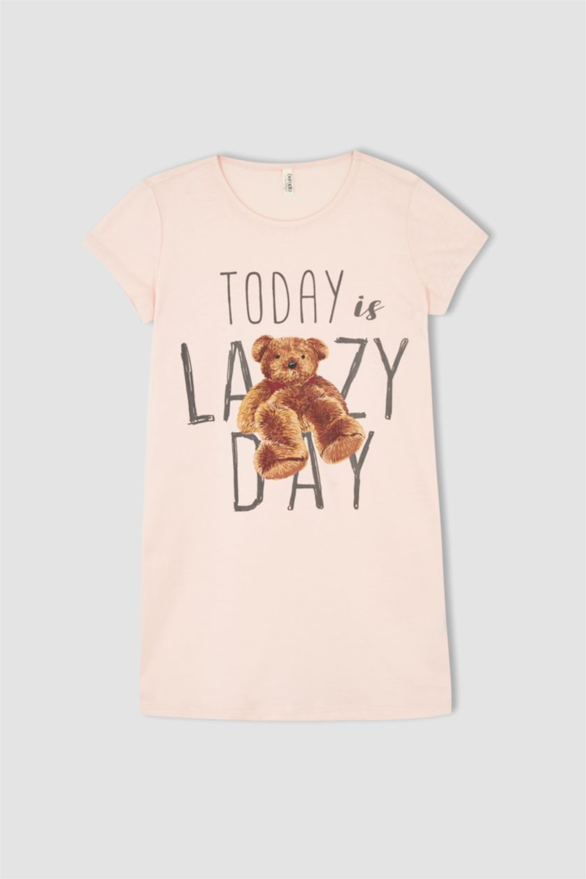 Girls & Teens Light Pink Girl Regular Fit Teddy Bear Printed Short Sleeve Cotton Nightgown