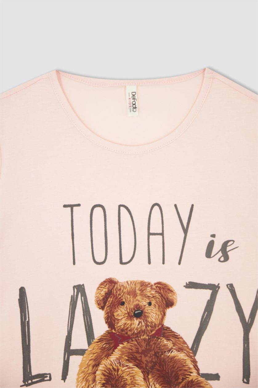 Girls & Teens Light Pink Girl Regular Fit Teddy Bear Printed Short Sleeve Cotton Nightgown