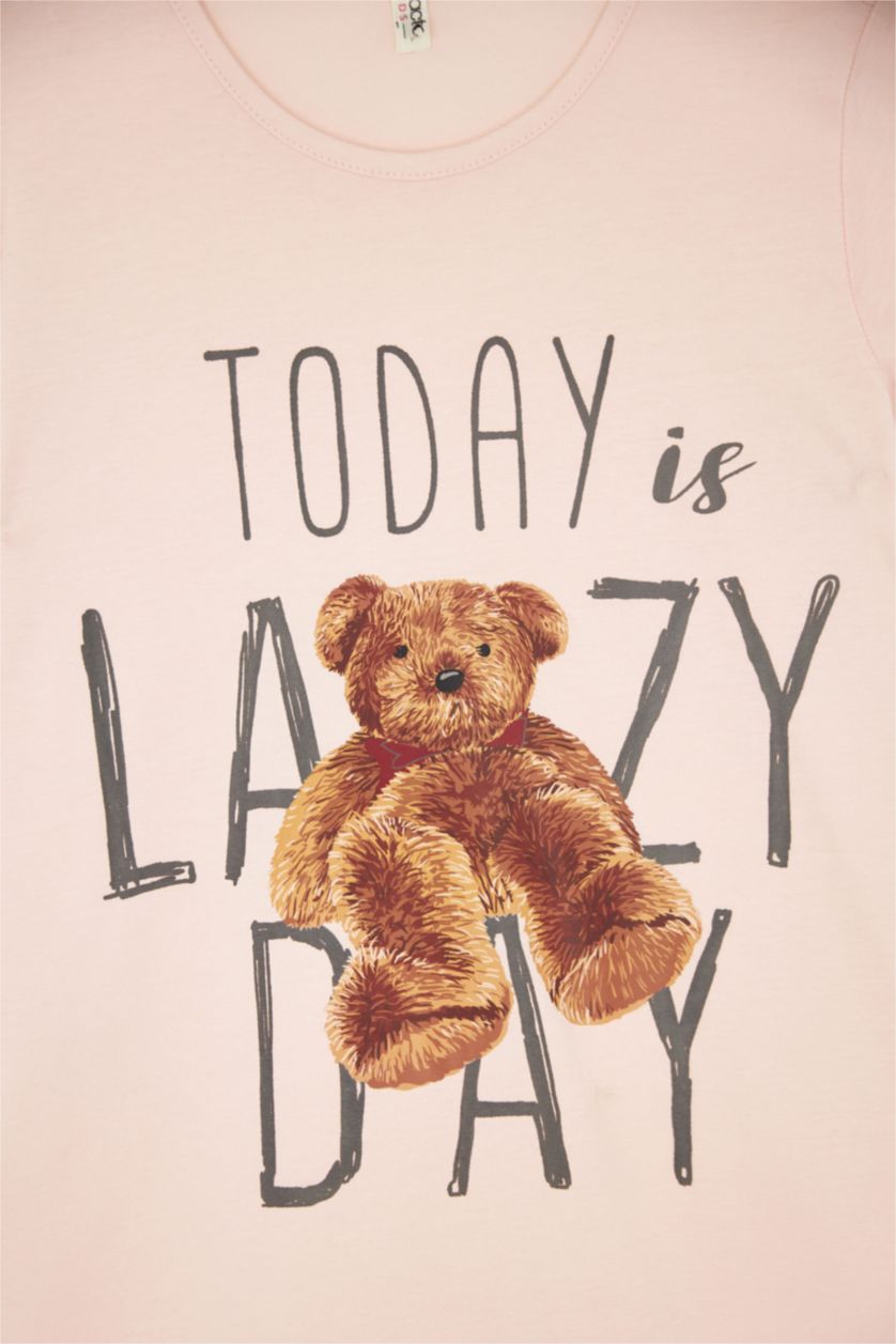 Girls & Teens Light Pink Girl Regular Fit Teddy Bear Printed Short Sleeve Cotton Nightgown