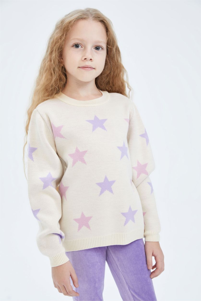 FILLES Écru Pull en maille à col rond coupe régulière pour fille
