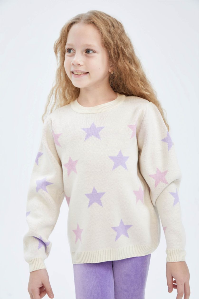 FILLES Écru Pull en maille à col rond coupe régulière pour fille