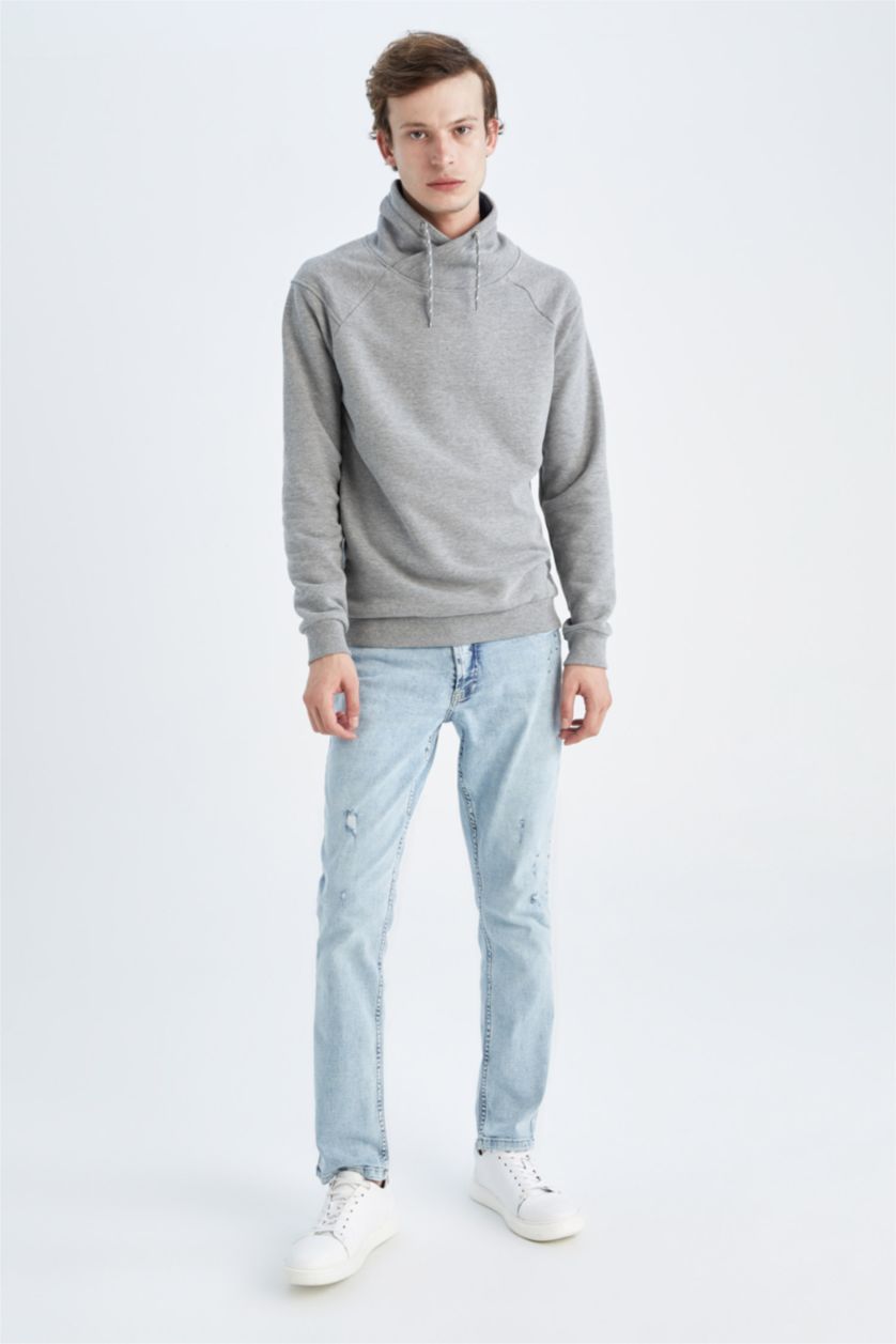 HOMME Gris Sweat- Shirt Coupe slim raccourcie À capuche Manche Longue
