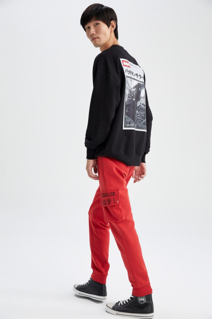 Erkek Kırmızı Slim Fit Kargo Cepli Beli Bağcıklı Lastikli Paça Baskılı Jogger Eşofman Altı