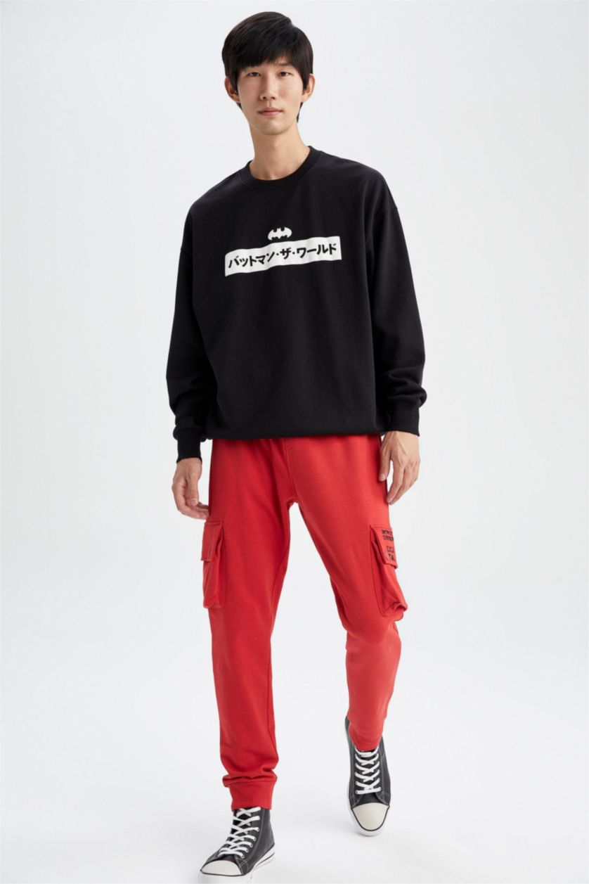 Erkek Kırmızı Slim Fit Kargo Cepli Beli Bağcıklı Lastikli Paça Baskılı Jogger Eşofman Altı