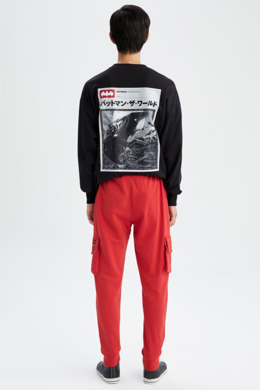 Erkek Kırmızı Slim Fit Kargo Cepli Beli Bağcıklı Lastikli Paça Baskılı Jogger Eşofman Altı