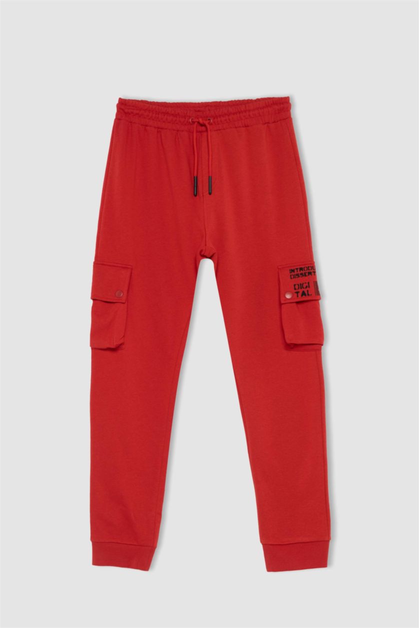 Erkek Kırmızı Slim Fit Kargo Cepli Beli Bağcıklı Lastikli Paça Baskılı Jogger Eşofman Altı