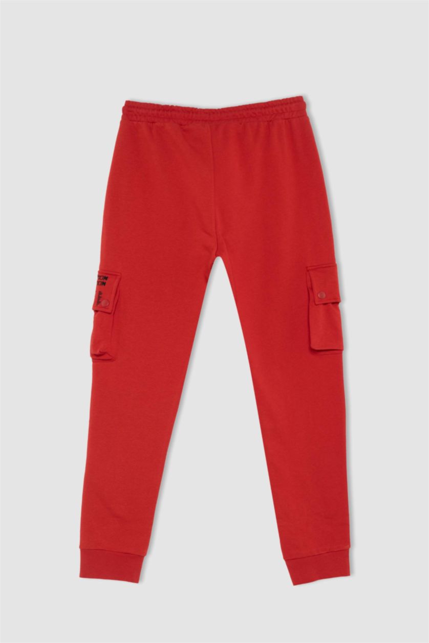 Erkek Kırmızı Slim Fit Kargo Cepli Beli Bağcıklı Lastikli Paça Baskılı Jogger Eşofman Altı