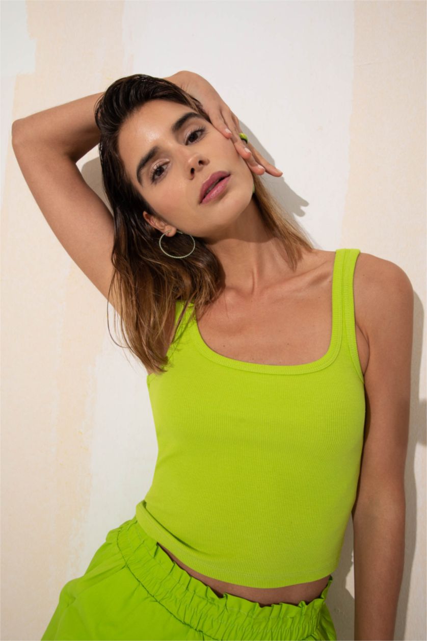 WOMAN Green Slim Fit Square Collar Corded Camisole Singlet