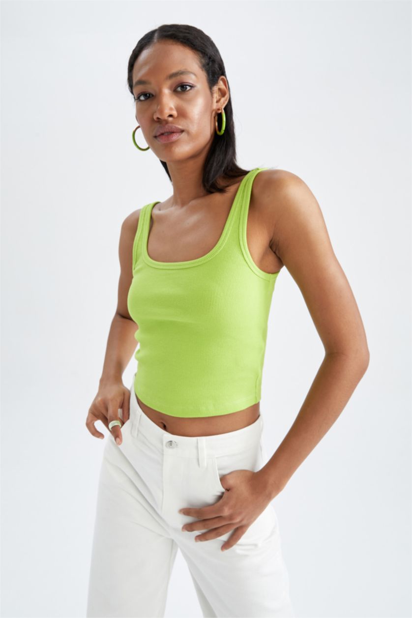 WOMAN Green Slim Fit Square Collar Corded Camisole Singlet