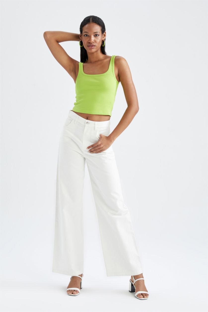 WOMAN Green Slim Fit Square Collar Corded Camisole Singlet