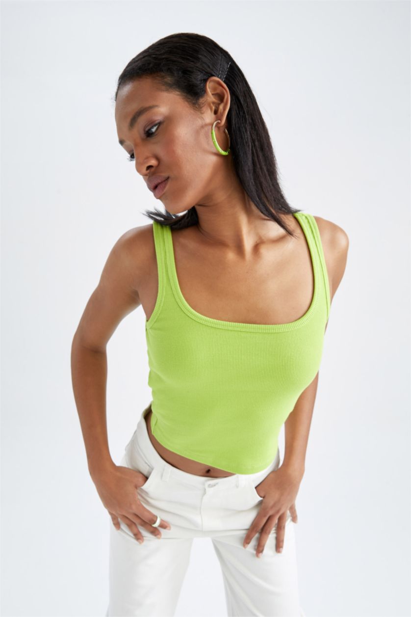 WOMAN Green Slim Fit Square Collar Corded Camisole Singlet
