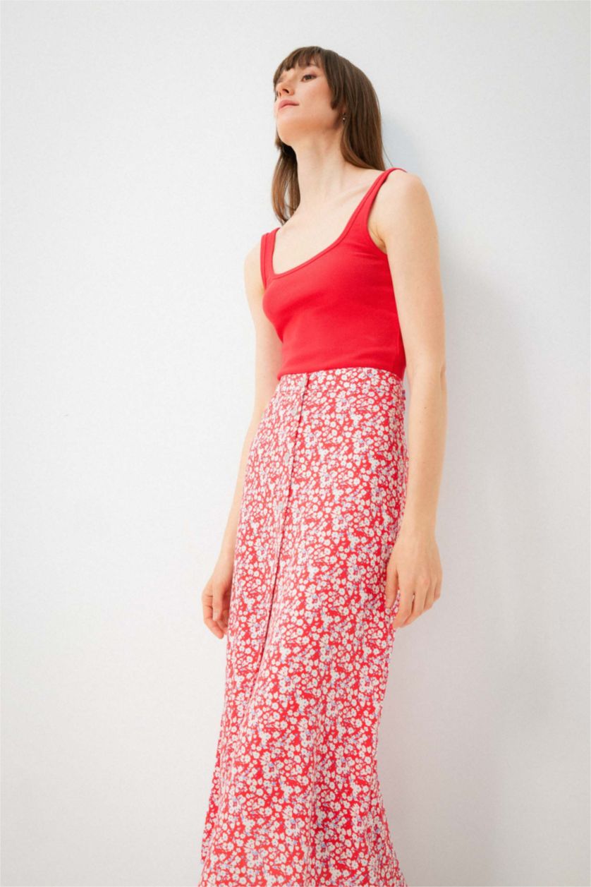 WOMAN Red Slim Fit Square Collar Corded Camisole Singlet