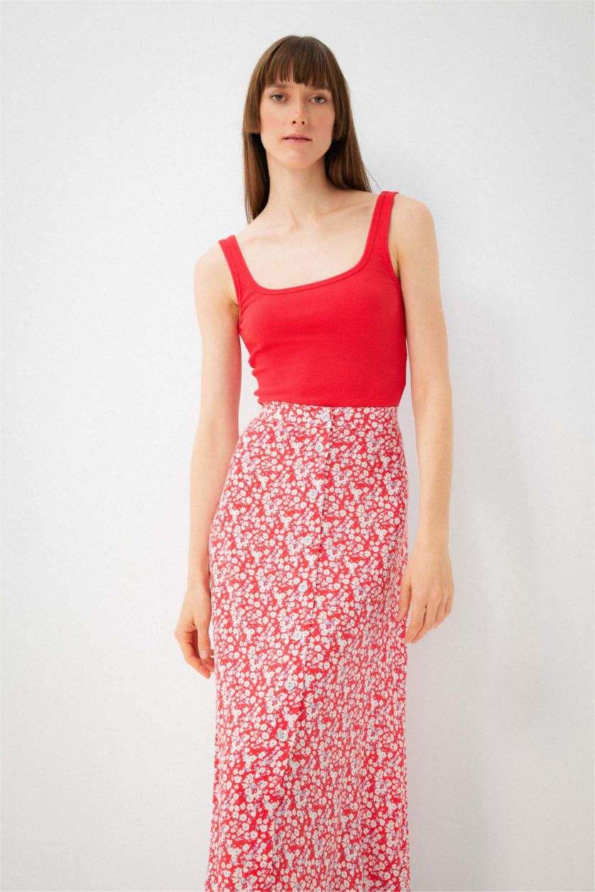 WOMAN Red Slim Fit Square Collar Corded Camisole Singlet