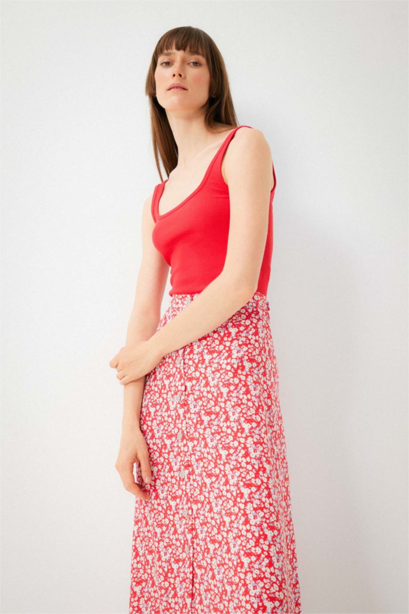 WOMAN Red Slim Fit Square Collar Corded Camisole Singlet