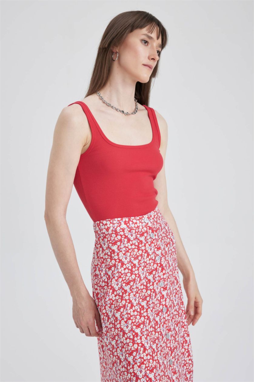 WOMAN Red Slim Fit Square Collar Corded Camisole Singlet