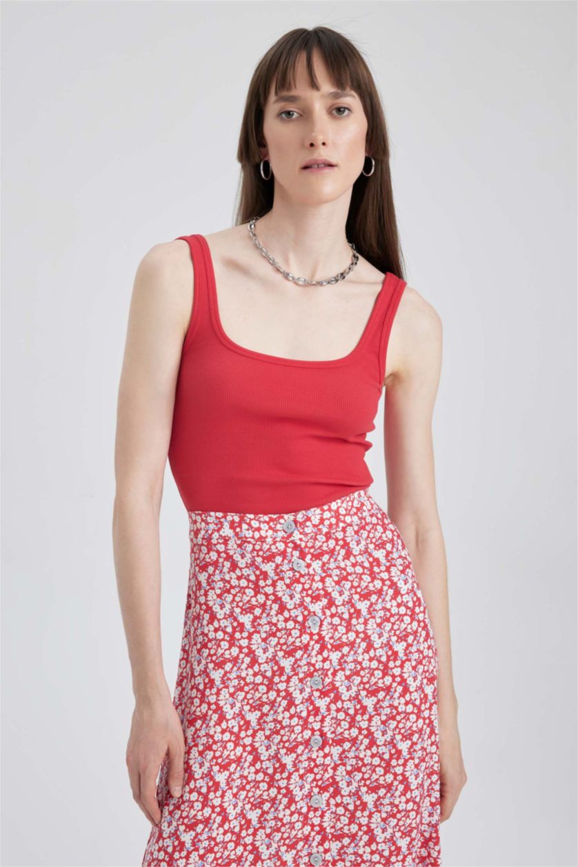 WOMAN Red Slim Fit Square Collar Corded Camisole Singlet