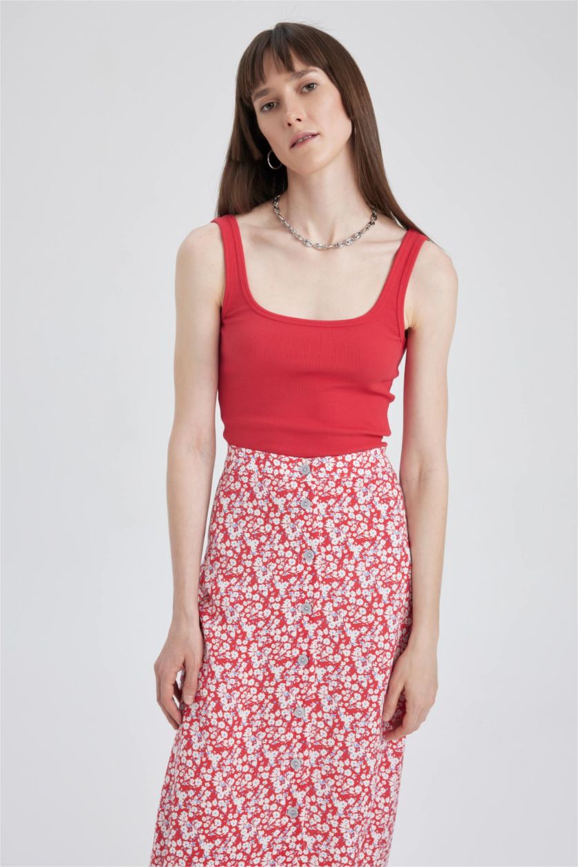 WOMAN Red Slim Fit Square Collar Corded Camisole Singlet