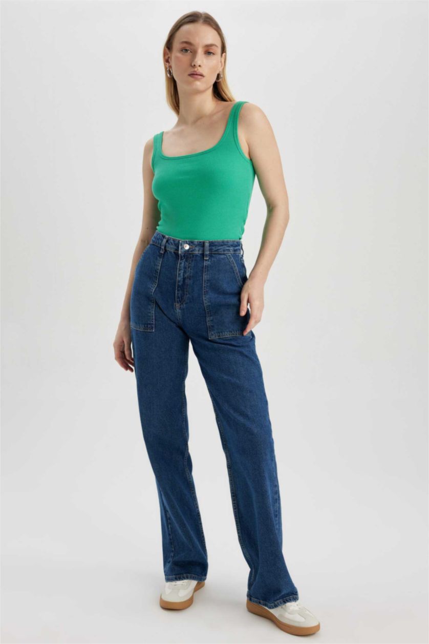 Woman Green Slim Fit Square Collar Corded Camisole Singlet