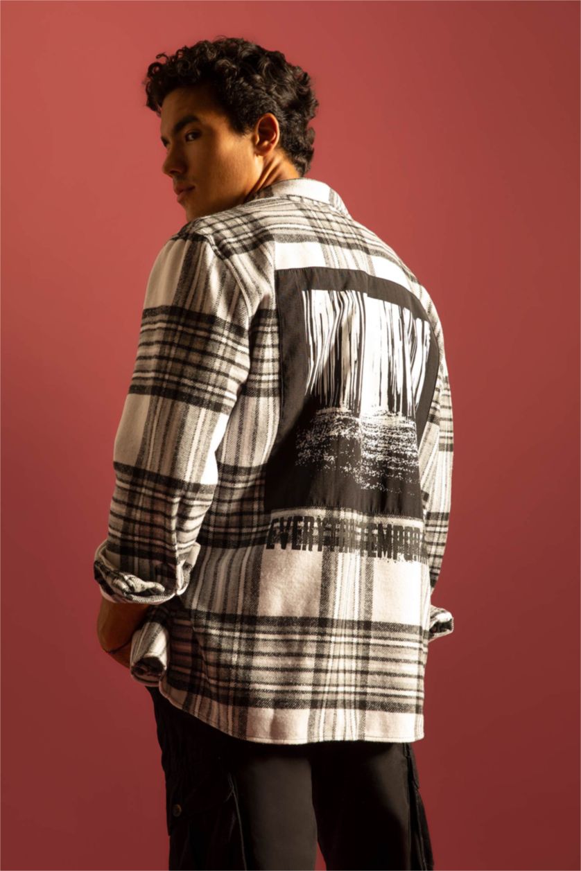 MAN Ecru Regular Fit Checkered Flannel Reversible Long Sleeve Shirt