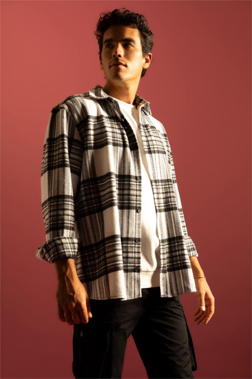 MAN Ecru Regular Fit Checkered Flannel Reversible Long Sleeve Shirt
