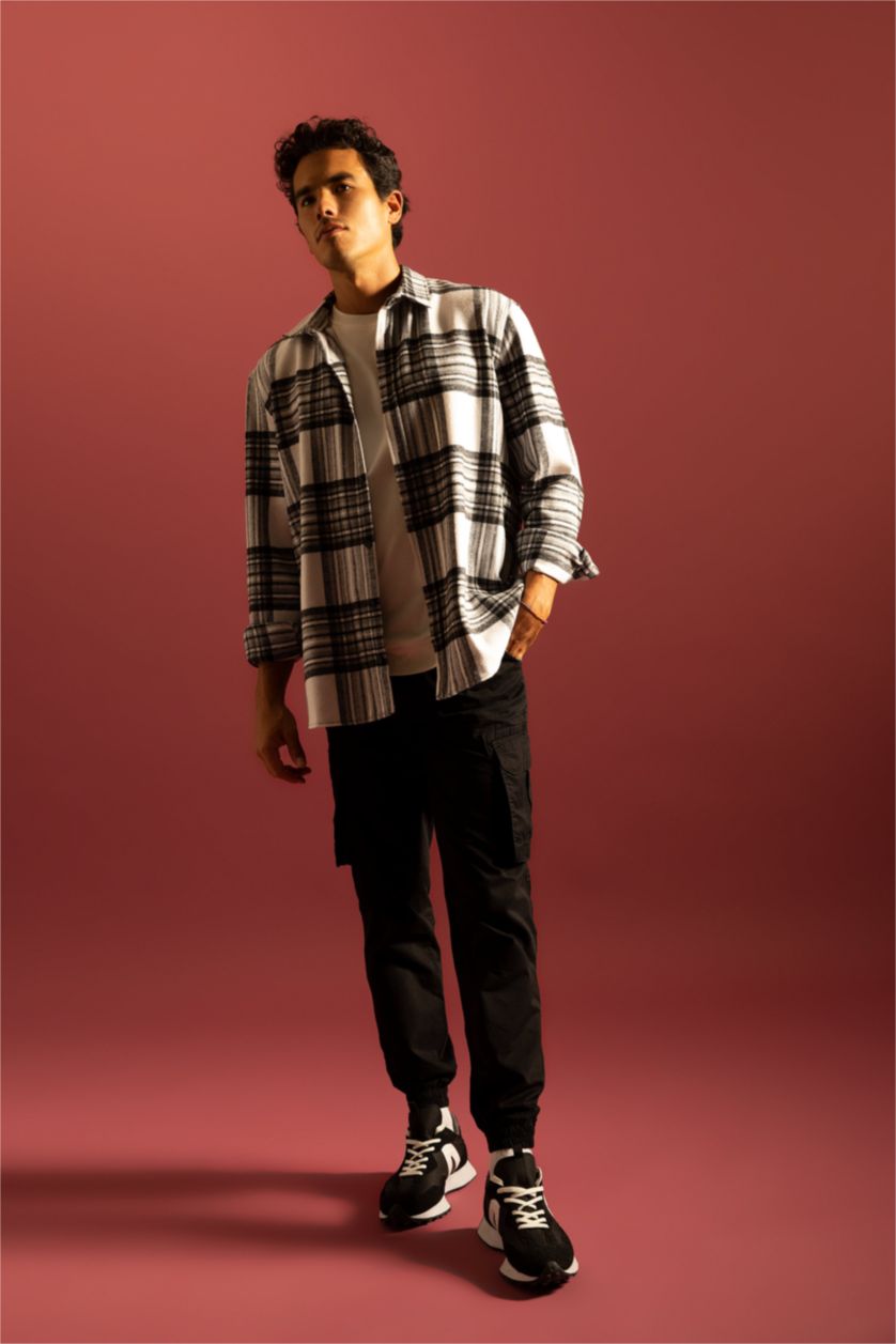 MAN Ecru Regular Fit Checkered Flannel Reversible Long Sleeve Shirt