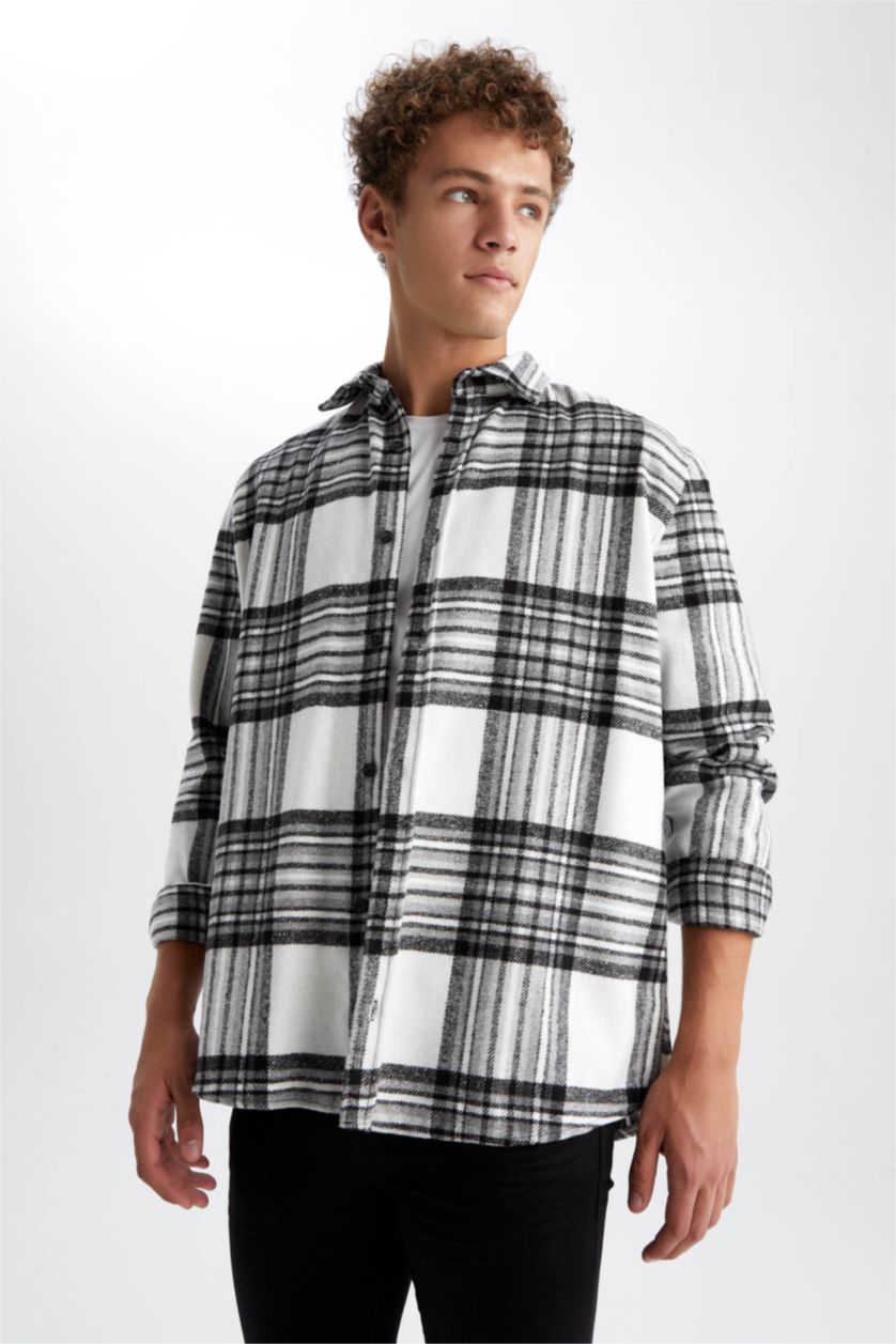 MAN Ecru Regular Fit Checkered Flannel Reversible Long Sleeve Shirt