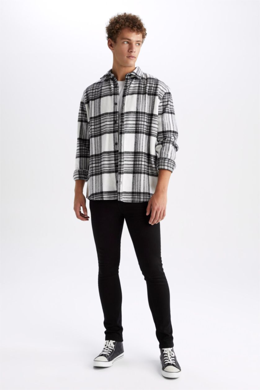 MAN Ecru Regular Fit Checkered Flannel Reversible Long Sleeve Shirt