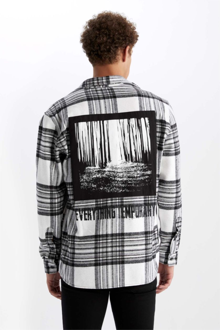 MAN Ecru Regular Fit Checkered Flannel Reversible Long Sleeve Shirt