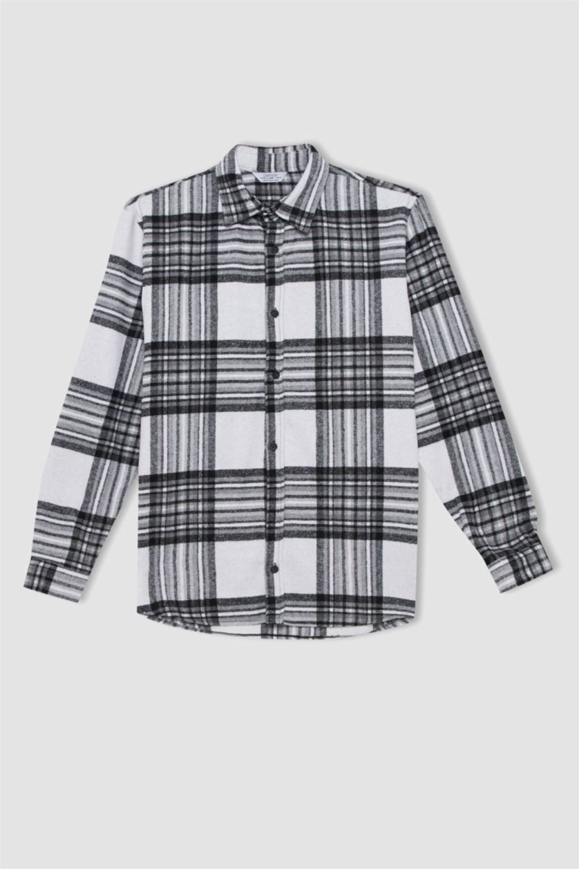 MAN Ecru Regular Fit Checkered Flannel Reversible Long Sleeve Shirt