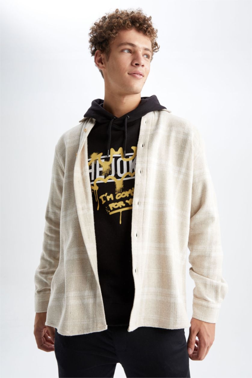 MAN Beige Relax Fit Woodcutter Long Sleeve Shirt