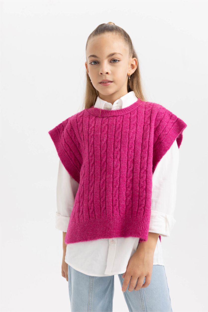 FILLES Bordeaux Pull En Maille Coupe Régulière à Col Rond Pour Fille