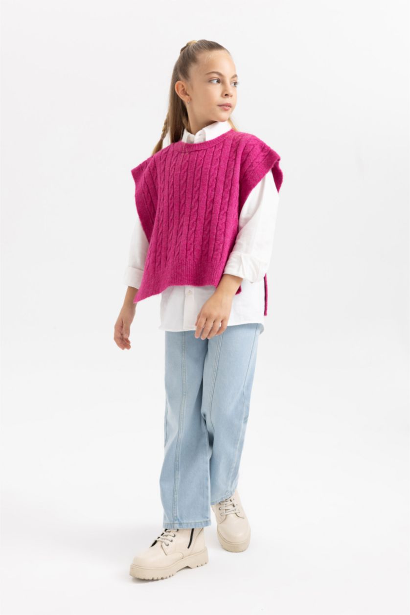 FILLES Bordeaux Pull En Maille Coupe Régulière à Col Rond Pour Fille