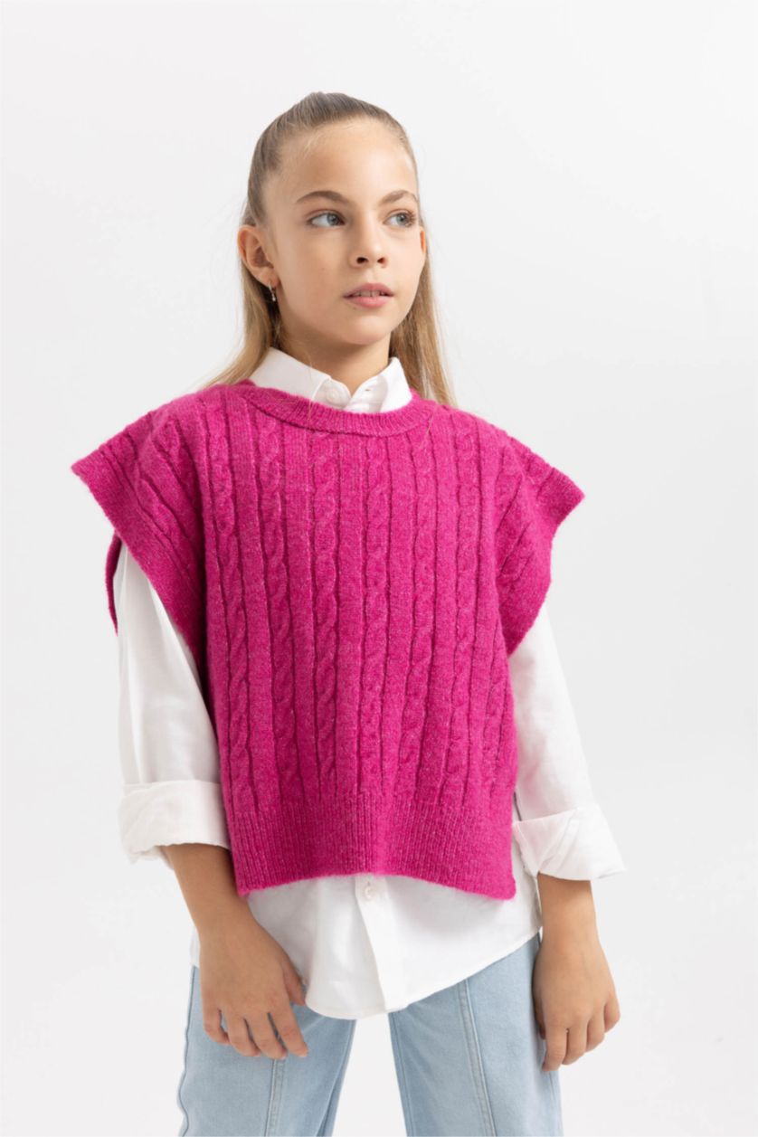 FILLES Bordeaux Pull En Maille Coupe Régulière à Col Rond Pour Fille