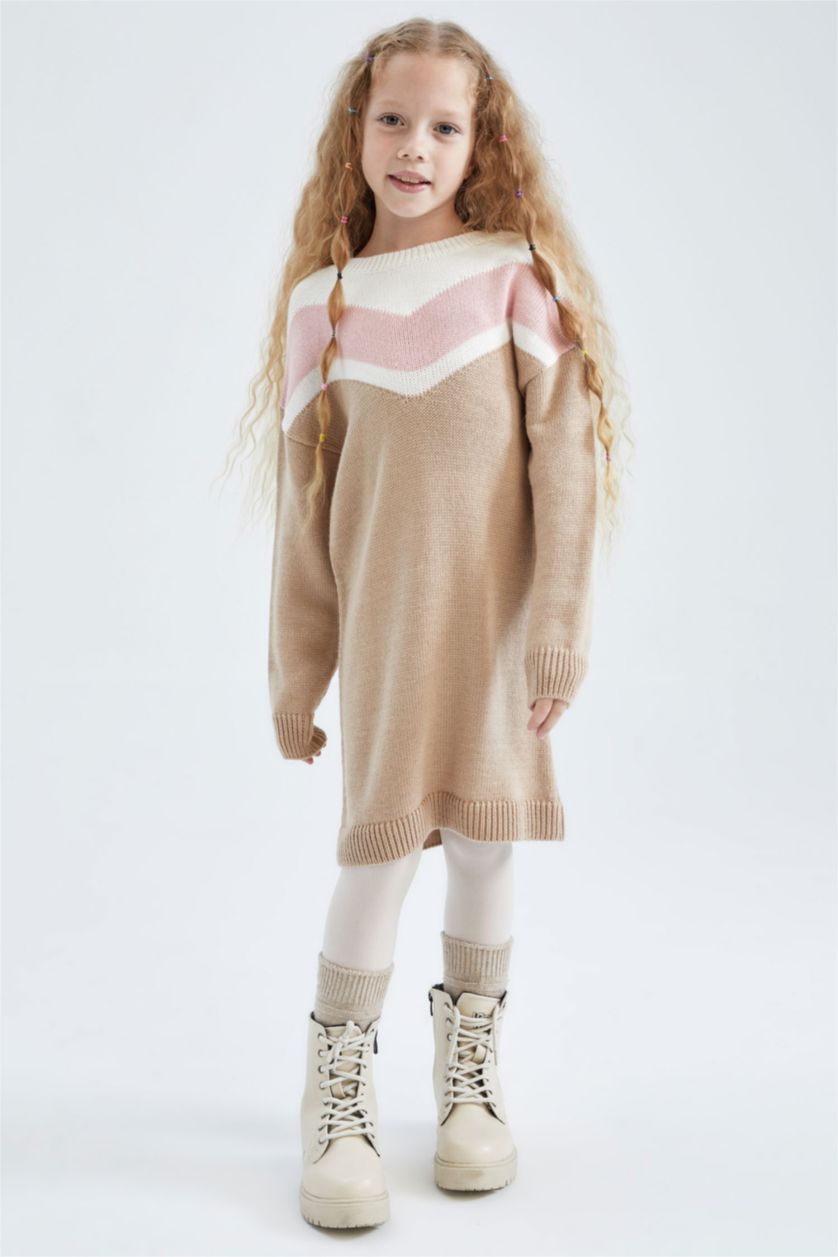 GIRLS & TEENS Beige Melange Girl Long Sleeve Knitwear Dress