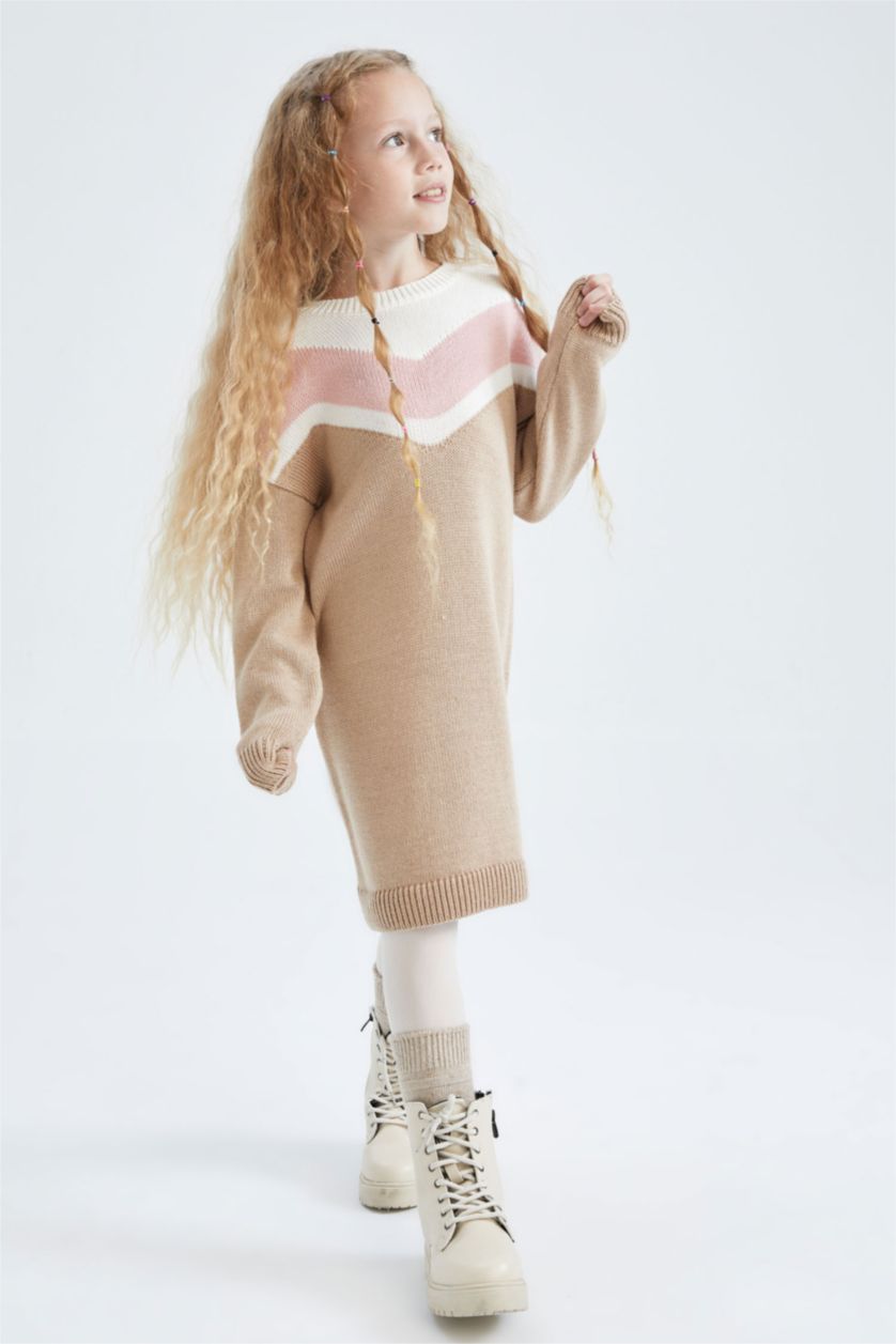 GIRLS & TEENS Beige Melange Girl Long Sleeve Knitwear Dress