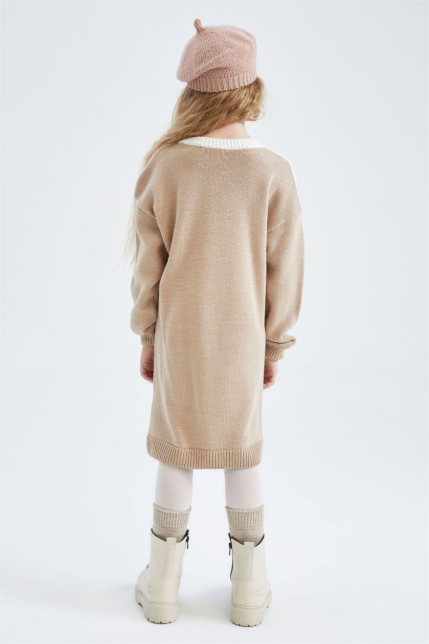 GIRLS & TEENS Beige Melange Girl Long Sleeve Knitwear Dress