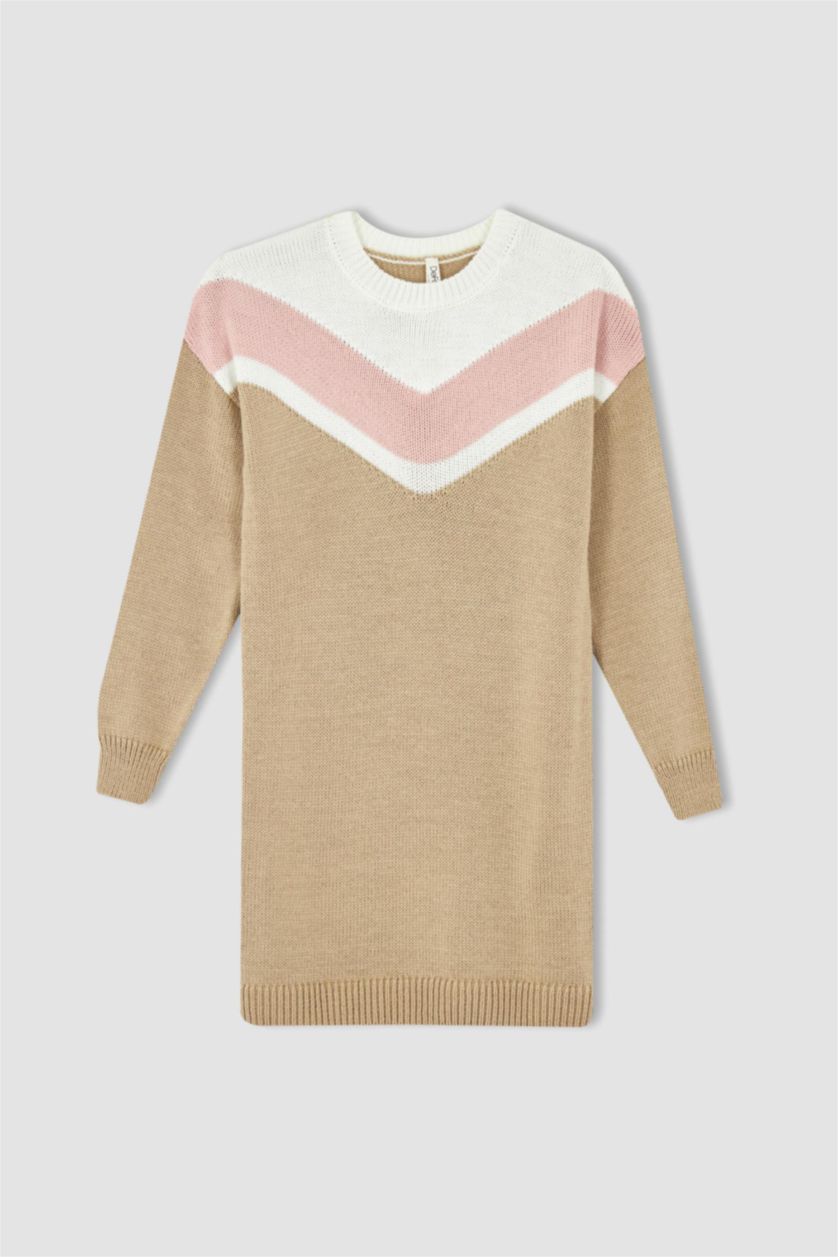 GIRLS & TEENS Beige Melange Girl Long Sleeve Knitwear Dress