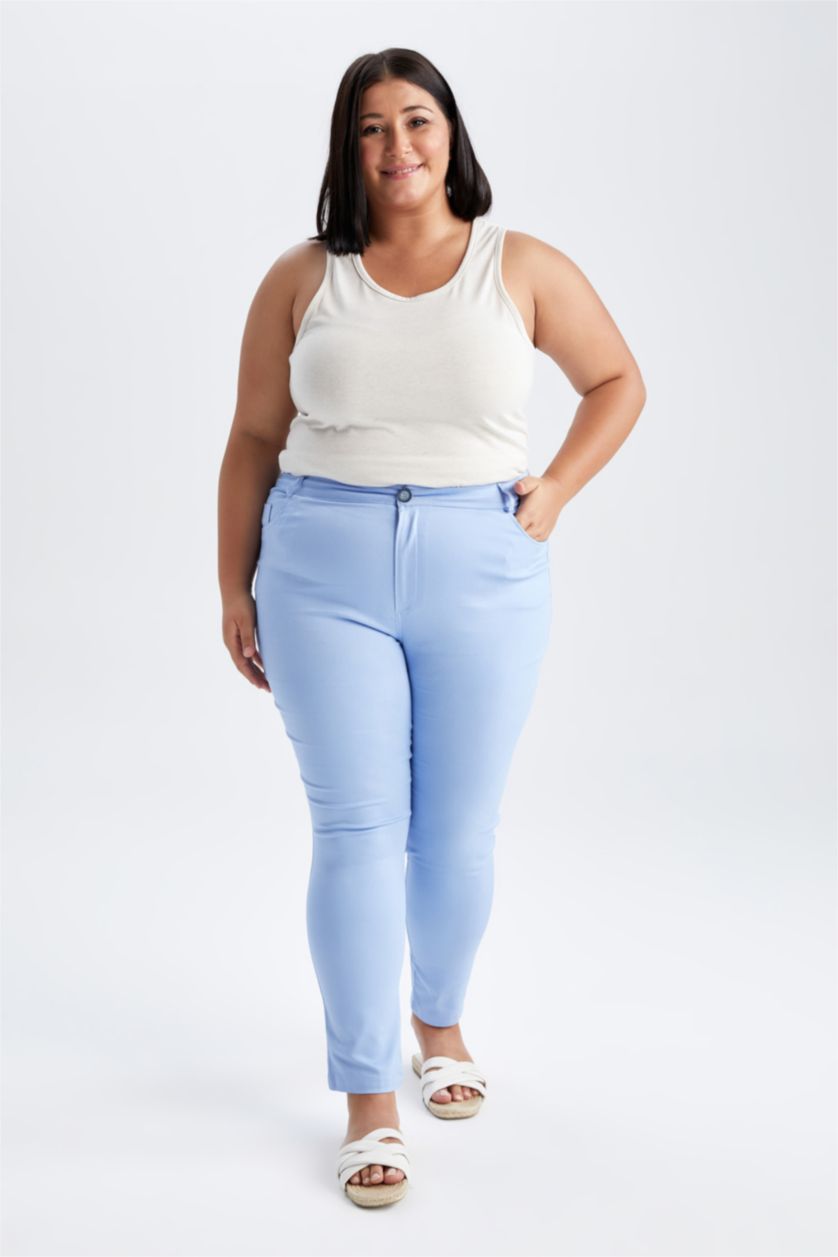 Woman Blue DF Plus Spanish Leg Plus Size Double Pocket Cotton Trousers