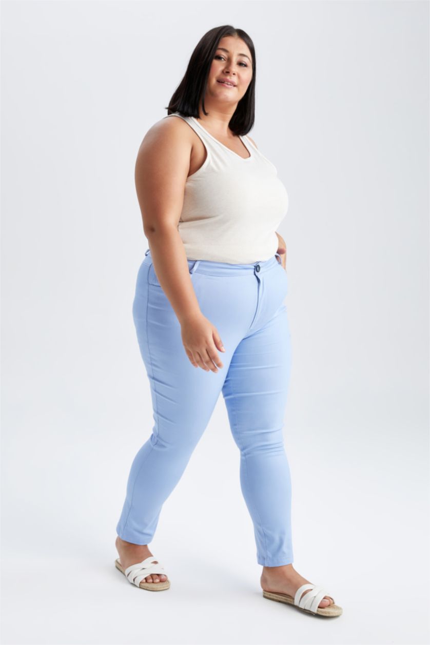 Woman Blue DF Plus Spanish Leg Plus Size Double Pocket Cotton Trousers